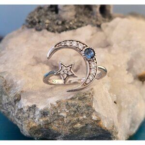 925 Sterling Silver Crystal Crescent Moon & Star Ring Adjustable Sapphire Clear